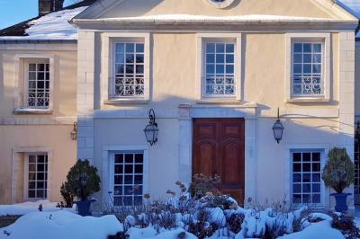 Couronne de fleurs blanches et roses suspendue à un arbre sous la lumière du soleil dans un jardin verdoyant.