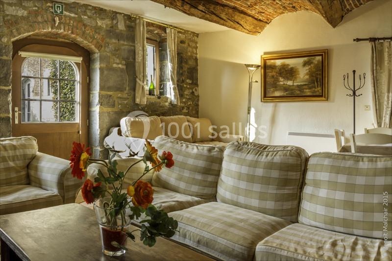 Salon chaleureux avec murs en pierre, plafond voûté, canapés à carreaux, tableau, et vase de fleurs rouges sur une table.