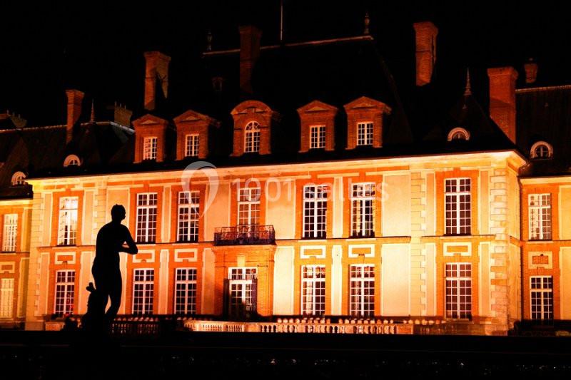 Façade d'un bâtiment historique éclairée en orange la nuit, avec une statue en silhouette au premier plan.
