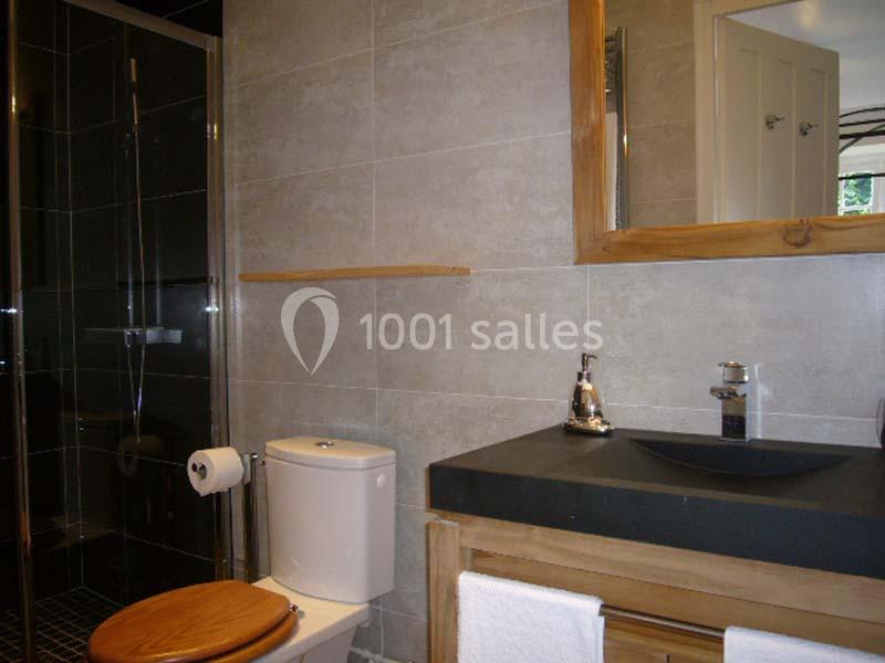 Salle de bain moderne avec douche vitrée, lavabo sur meuble en bois, miroir encadré et toilettes blanches.