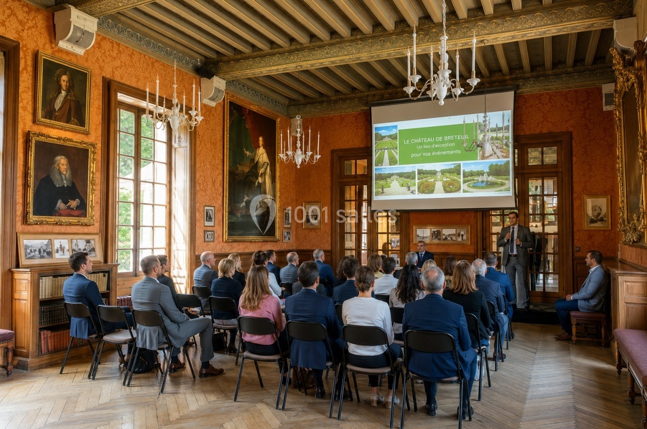 Un groupe de personnes assiste à une présentation dans une salle ornée de tableaux et de boiseries.