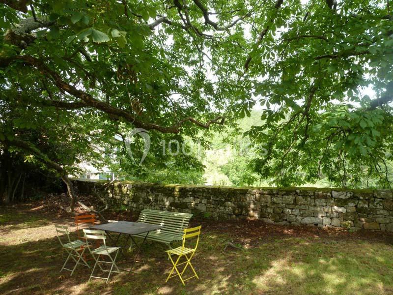 Table et chaises colorées disposées sous un grand arbre, près d'un mur en pierre dans un jardin ombragé.