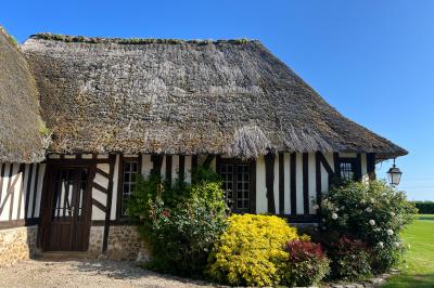 Salle de réception rustique avec poutres en bois apparentes, tables rondes dressées et chaises rouges.