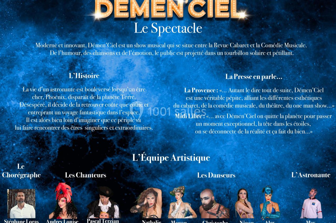 Affiche promotionnelle du spectacle ’Demen'Ciel’ avec présentation de l'histoire, des artistes et des critiques.