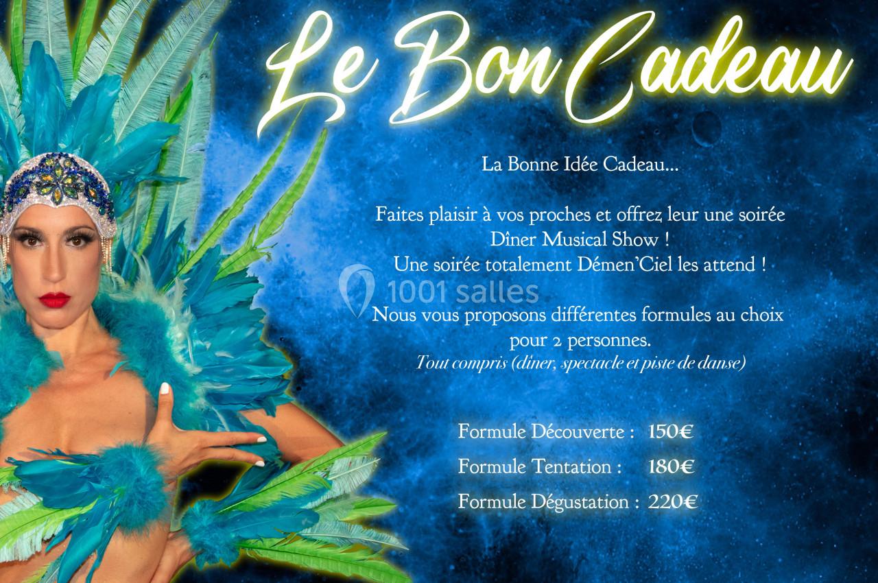 Danseuse en costume à plumes vertes devant un fond étoilé, texte présentant des formules de dîner-spectacle.