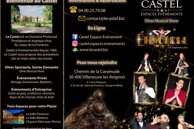 Brochure promotionnelle pour un domaine événementiel avec informations de contact, services proposés et visuels associés.