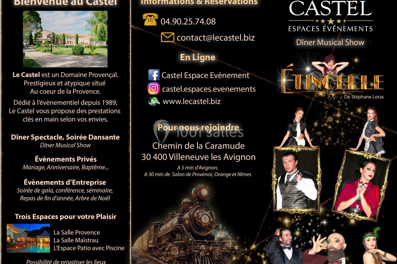 Brochure promotionnelle pour un domaine événementiel avec informations de contact, services proposés et visuels associés.