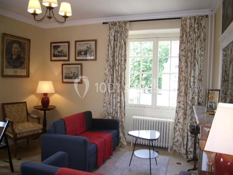 Salon lumineux avec fauteuils bleus, table basse, cheminée, lampes, cadres au mur et grande fenêtre avec rideaux fleuris.