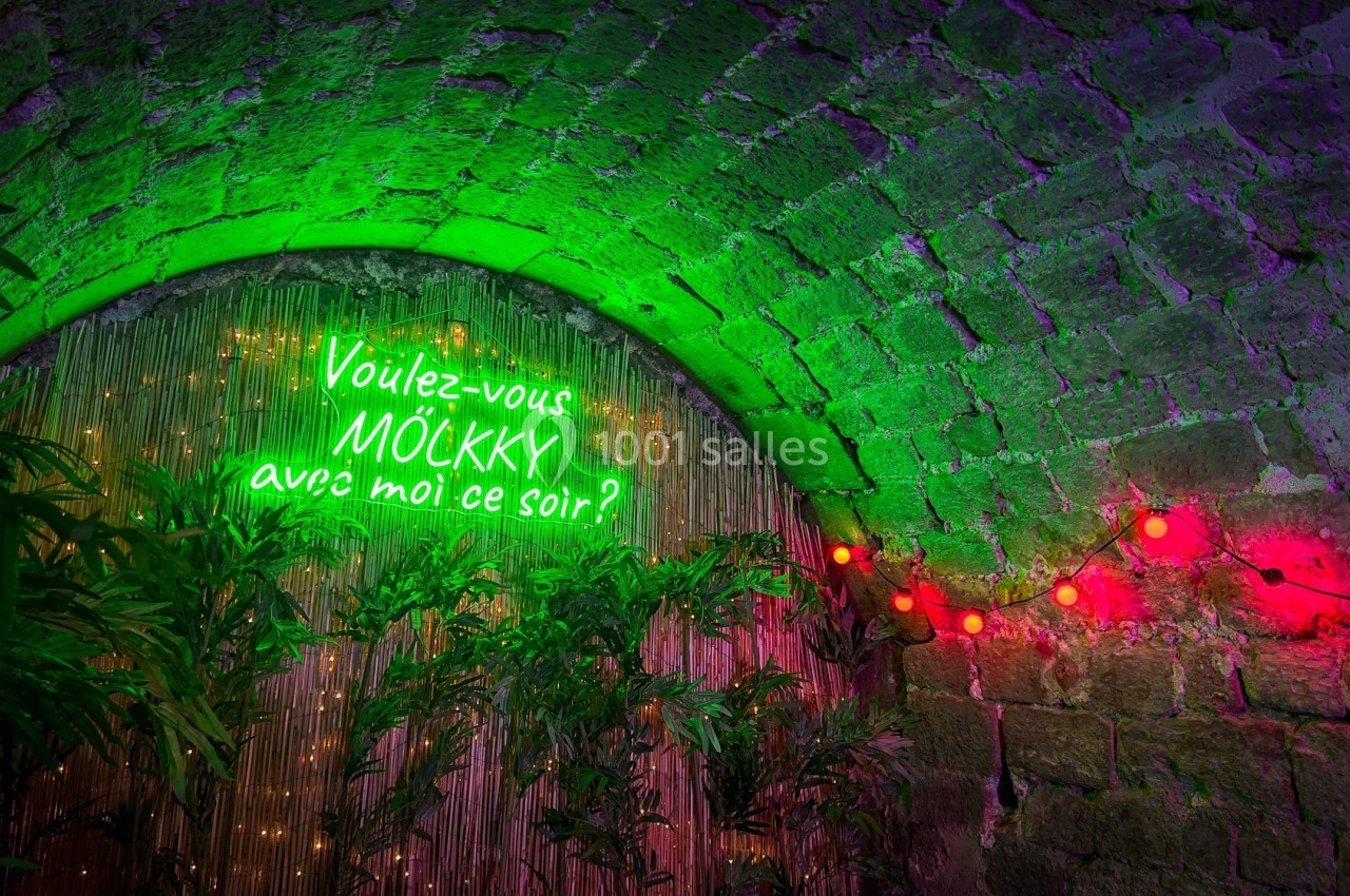 Néon vert avec l'inscription ’Voulez-vous MÖLKKY avec moi ce soir ?’ sur un mur voûté entouré de plantes et guirlandes…