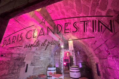 Comptoir lumineux dans une pièce voûtée en pierre, décoré de plantes, lampes et guirlandes lumineuses.