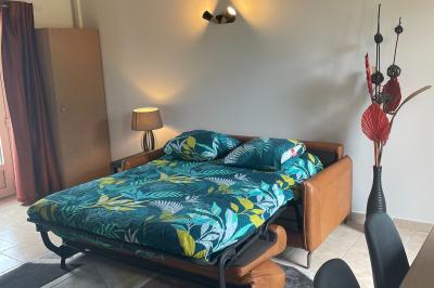 Champ de coquelicots rouges au premier plan avec un bâtiment en pierre et des toits en arrière-plan sous un ciel nuageux.