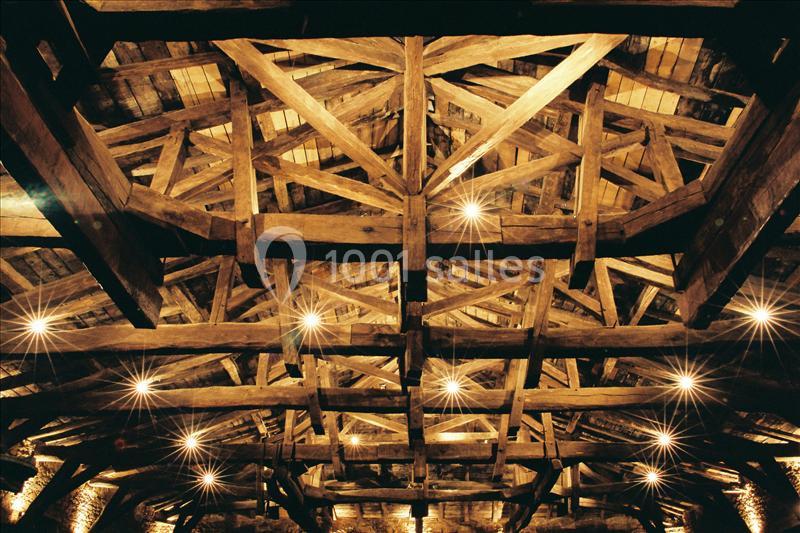 Charpente en bois massif avec éclairage intégré, mettant en valeur les poutres et la structure architecturale.