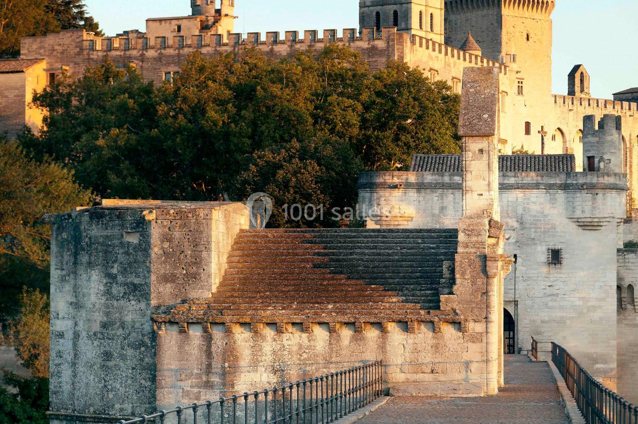 Vue d'un pont en pierre menant à une forteresse médiévale entourée de verdure, éclairée par une lumière douce.