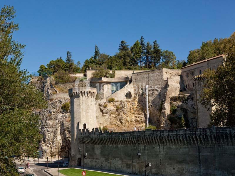 Remparts médiévaux en pierre entourant une colline boisée sous un ciel bleu clair.