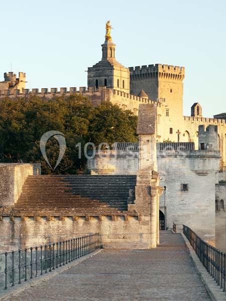 Vue d'un pont en pierre menant au Palais des Papes à Avignon, avec des remparts et une statue dorée en arrière-plan.