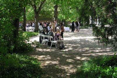 Salle de réunion avec parquet, chaises alignées, table avec projecteur et grandes fenêtres donnant sur l'extérieur.