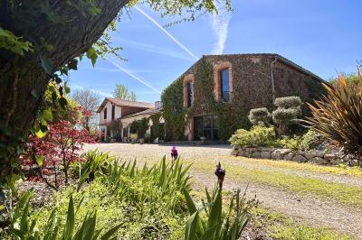 Terrasse en bois ombragée avec des tonneaux en guise de tables, surplombant un plan d'eau entouré de végétation.
