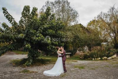 Terrasse en bois ombragée avec des tonneaux en guise de tables, surplombant un plan d'eau entouré de végétation.