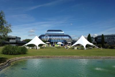Salle décorée pour un événement avec des tables hautes éclairées et des lumières colorées en arrière-plan.