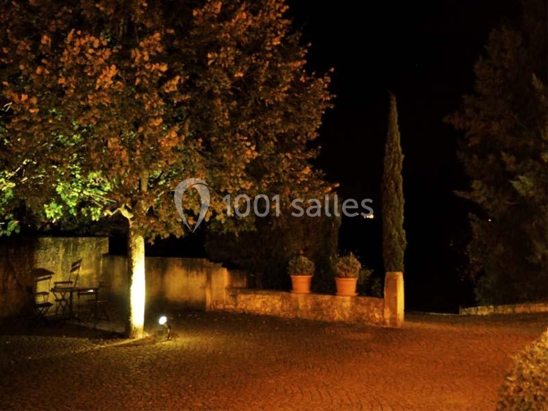 Cour pavée éclairée la nuit, avec un arbre illuminé, des chaises sous celui-ci et des pots de fleurs alignés sur un muret.