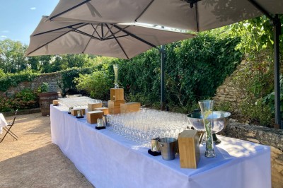 Troupeau de moutons paissant dans un champ verdoyant, avec des vignobles et un village en arrière-plan sous un ciel nuageux.