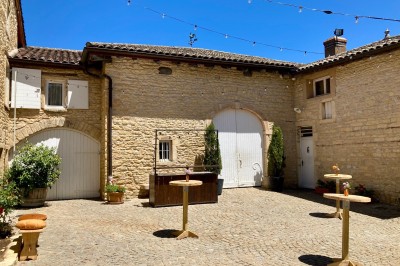 Troupeau de moutons paissant dans un champ verdoyant, avec des vignobles et un village en arrière-plan sous un ciel nuageux.