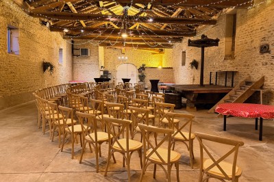 Troupeau de moutons paissant dans un champ verdoyant, avec des vignobles et un village en arrière-plan sous un ciel nuageux.