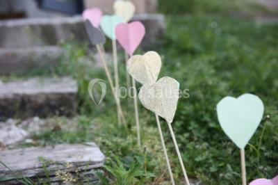Chaises blanches disposées en rangées sur une pelouse, avec une allée centrale décorée pour une cérémonie en extérieur.
