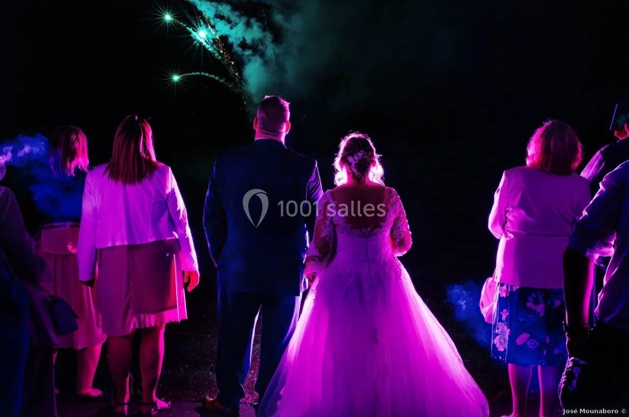 Un couple en tenue de mariage regarde des feux d'artifice dans un ciel nocturne, entouré de quelques invités.