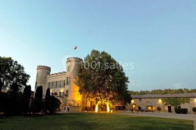 Cour d'une maison en pierre avec façade recouverte de lierre, arbres en arrière-plan et ciel bleu dégagé.