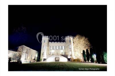 Cour d'une maison en pierre avec façade recouverte de lierre, arbres en arrière-plan et ciel bleu dégagé.