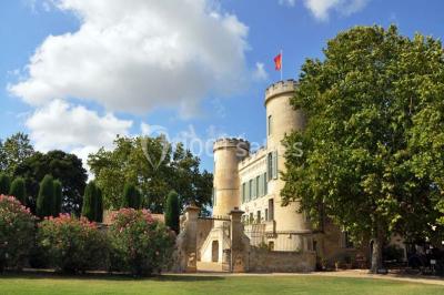 Cour d'une maison en pierre avec façade recouverte de lierre, arbres en arrière-plan et ciel bleu dégagé.