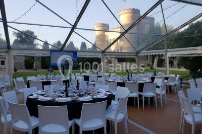 Cour d'une maison en pierre avec façade recouverte de lierre, arbres en arrière-plan et ciel bleu dégagé.