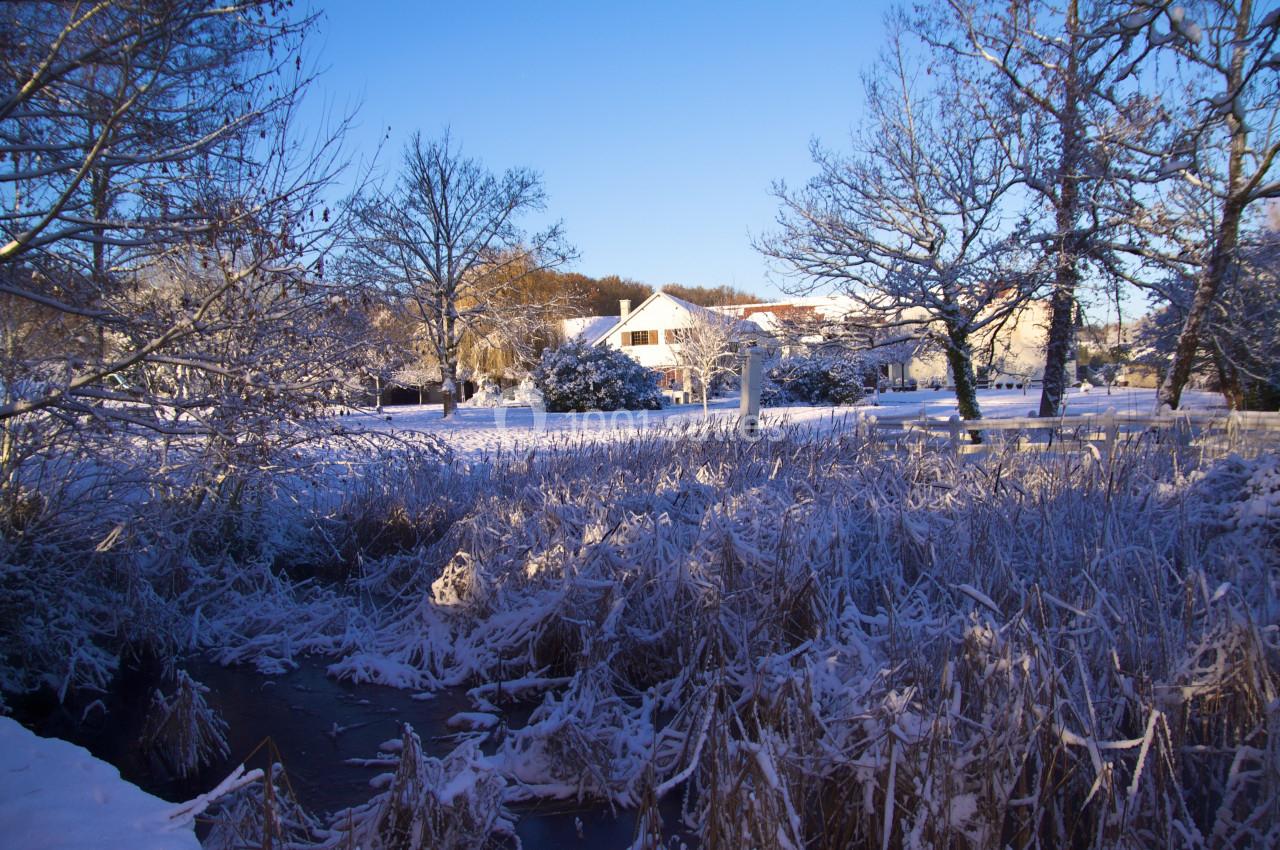 Paysage hivernal avec un ruisseau gelé, des arbres enneigés et des maisons blanches sous un ciel bleu clair.