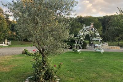 Arrangements floraux sur des supports en bois disposés sur une table recouverte d'une nappe blanche devant un mur en pierre.