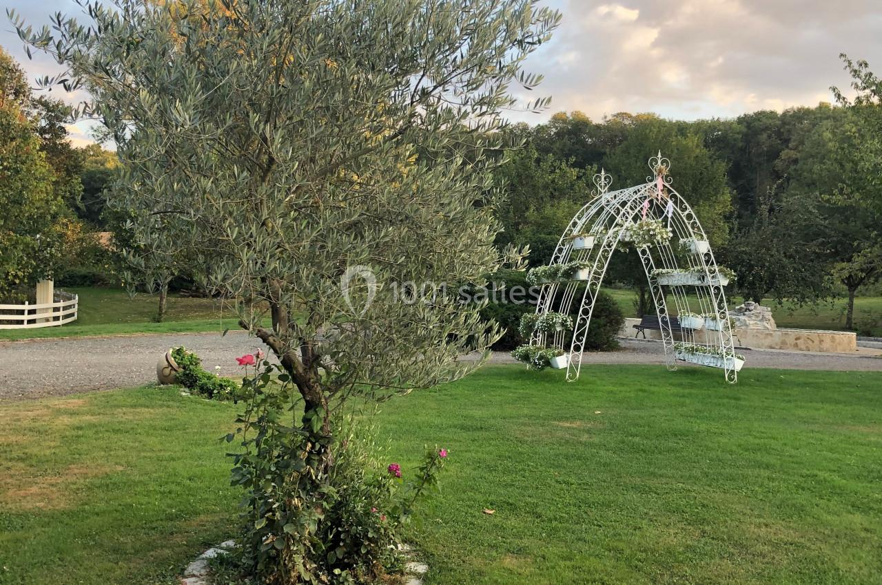 Un olivier entouré de fleurs roses dans un jardin avec une arche métallique blanche en arrière-plan.