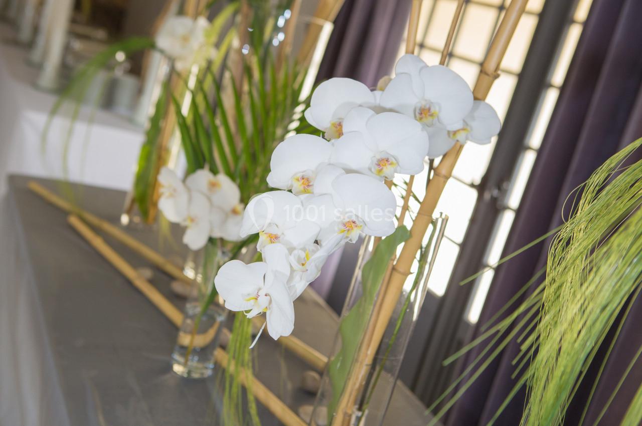 Orchidées blanches disposées sur des tiges de bambou, entourées de feuillages, sur une table grise près de fenêtres.