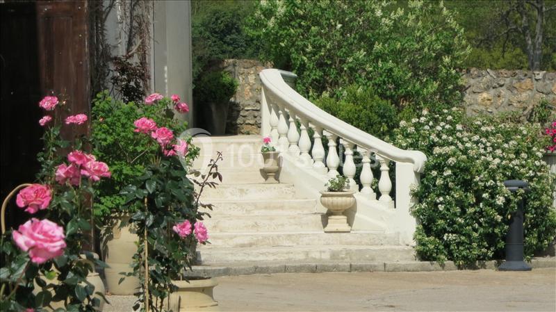 Escalier en pierre avec balustrade blanche entouré de rosiers et de verdure dans un jardin.