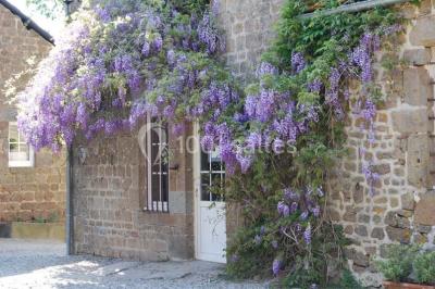 Chambre avec lit double, armoire en bois, murs jaunes, lampes de chevet et accès partiel à une salle de bain.