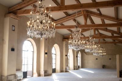 Portail en fer forgé ouvrant sur un paysage de vignes, avec des montagnes enneigées visibles à l'horizon.