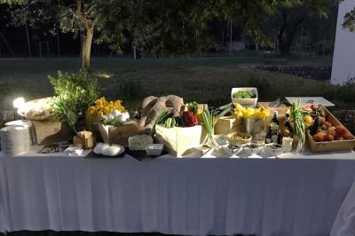 Allée décorée pour une cérémonie en plein air, entourée d'arbres, avec chaises en bois et rubans suspendus.