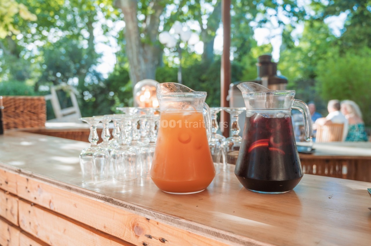 Deux carafes de jus, l'une orange et l'autre rouge, posées sur un comptoir en bois avec des verres à pied à côté.