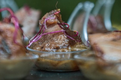 Portion de viande braisée servie dans une petite coupelle, garnie de pousses rouges.