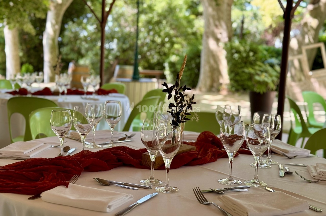 Table dressée en extérieur avec nappes blanches, serviettes pliées, verres et décoration florale, sous des arbres.