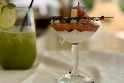 Plat gastronomique composé d'une mousse verte, surmontée de saumon et de pousses, présenté dans une assiette blanche.