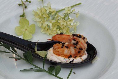 Assiette gastronomique composée de viande en sauce, légumes variés, samoussa et décoration raffinée.