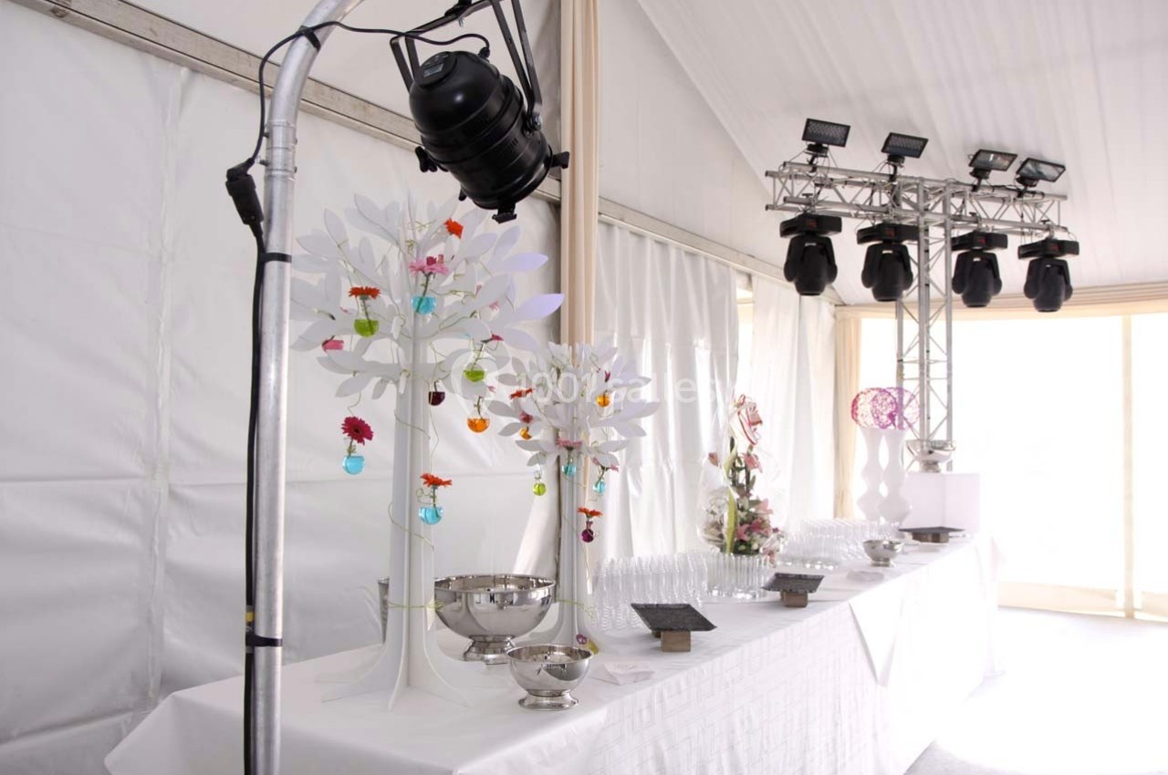 Table décorée avec des arbres blancs ornés de fleurs colorées, vaisselle argentée et verres alignés sous un éclairage.
