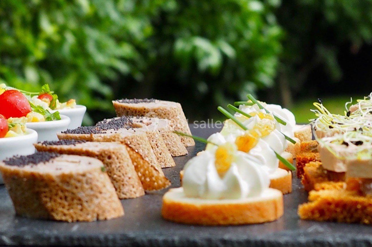 Assortiment de canapés variés présentés sur une ardoise, avec un jardin flou en arrière-plan.