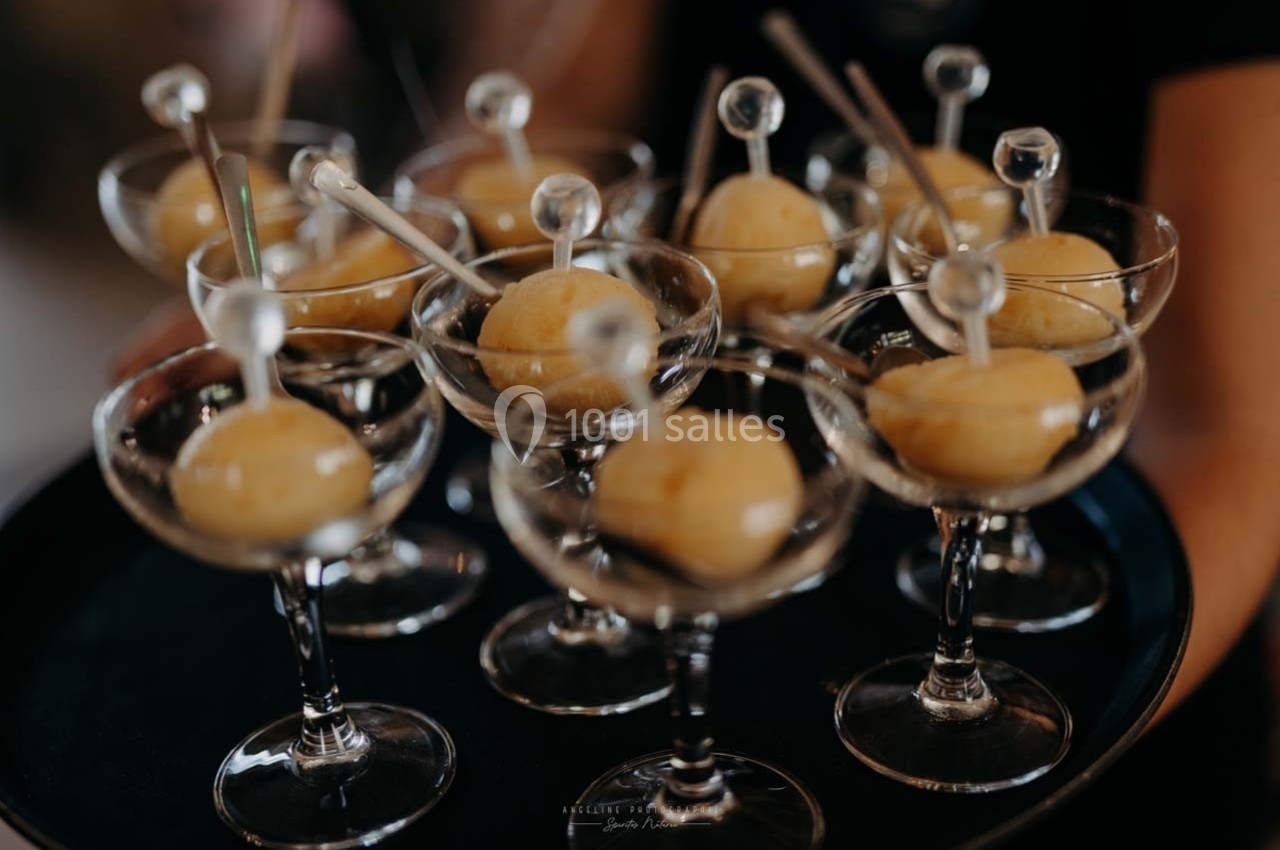 Boules de sorbet servies dans des coupes en verre avec des cuillères, présentées sur un plateau noir.