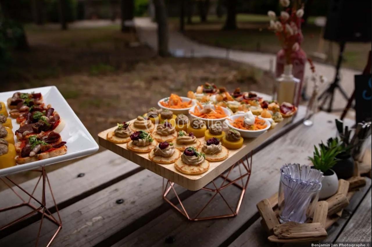 Plateaux de bouchées apéritives variées disposés sur une table en bois dans un cadre extérieur.